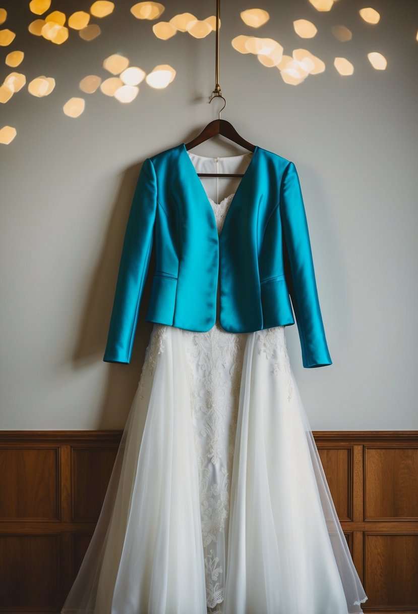 A bride's jacket draped over a flowing wedding dress on a hanger