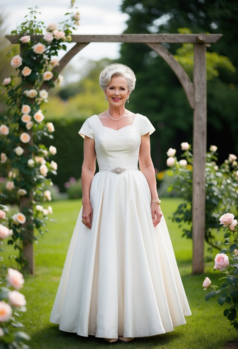 A 50-year-old bride in a vintage tea-length dress, standing in a garden surrounded by blooming roses and a rustic wooden archway