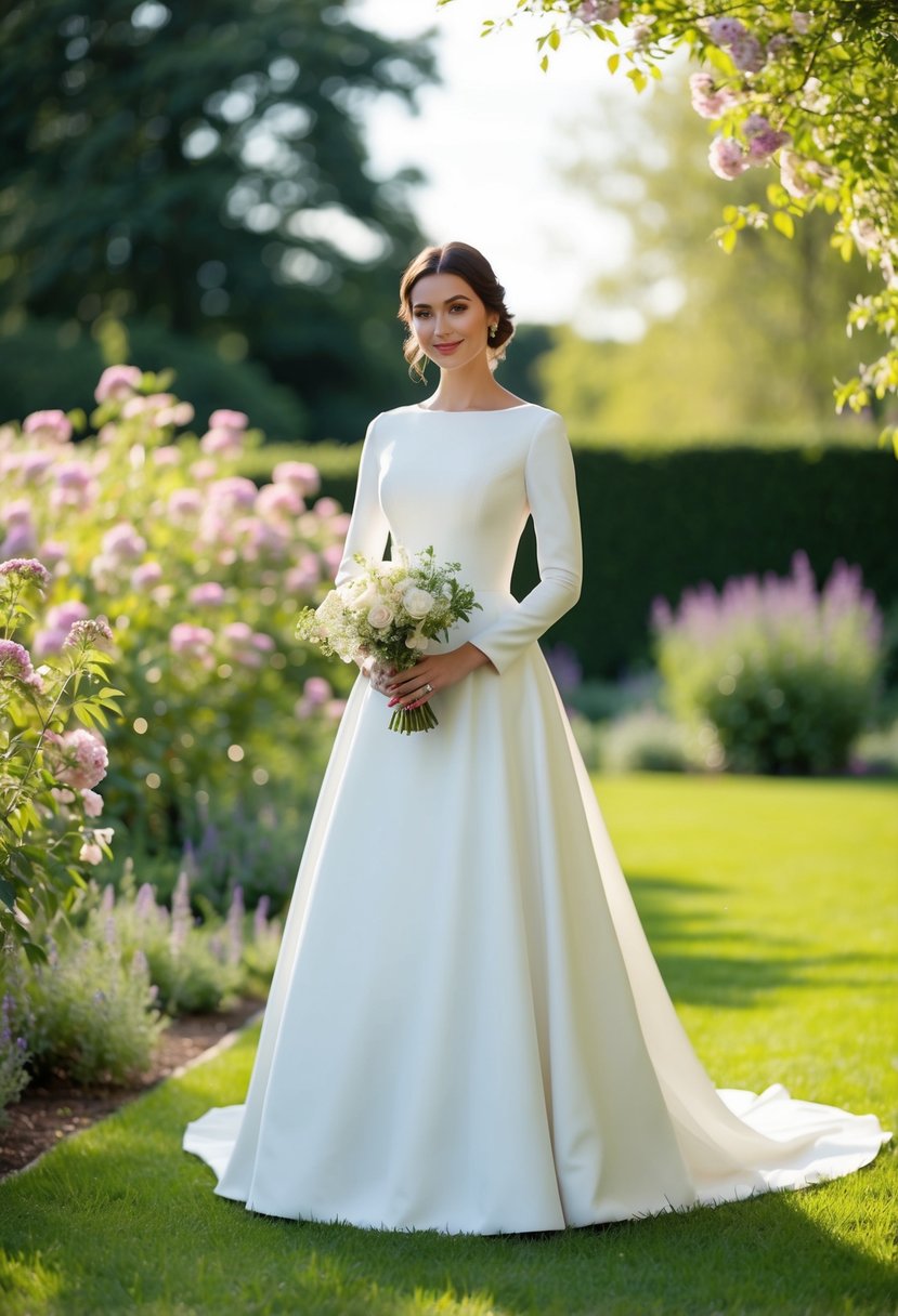 A bride standing in a garden, wearing a classic A-line wedding dress with long sleeves, surrounded by blooming flowers and a serene atmosphere