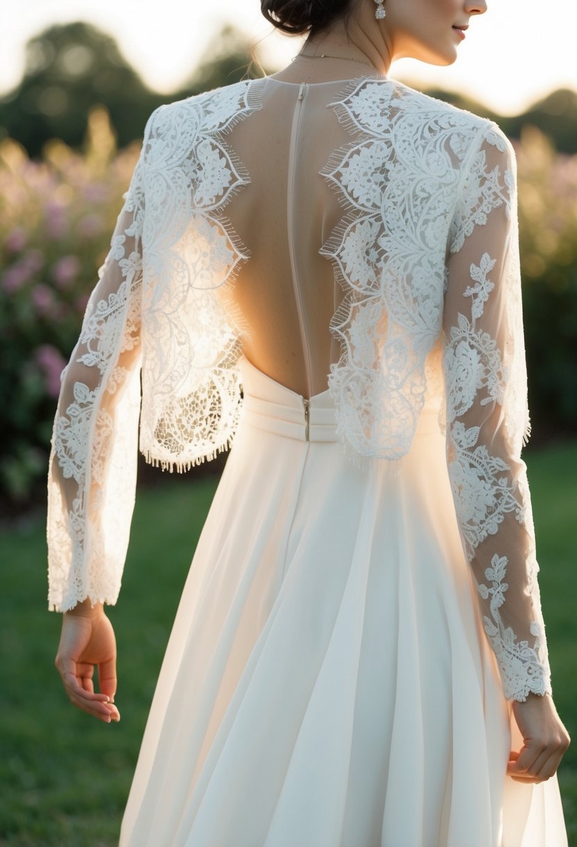 A lacy sheer-sleeved jacket draped over a flowing wedding dress