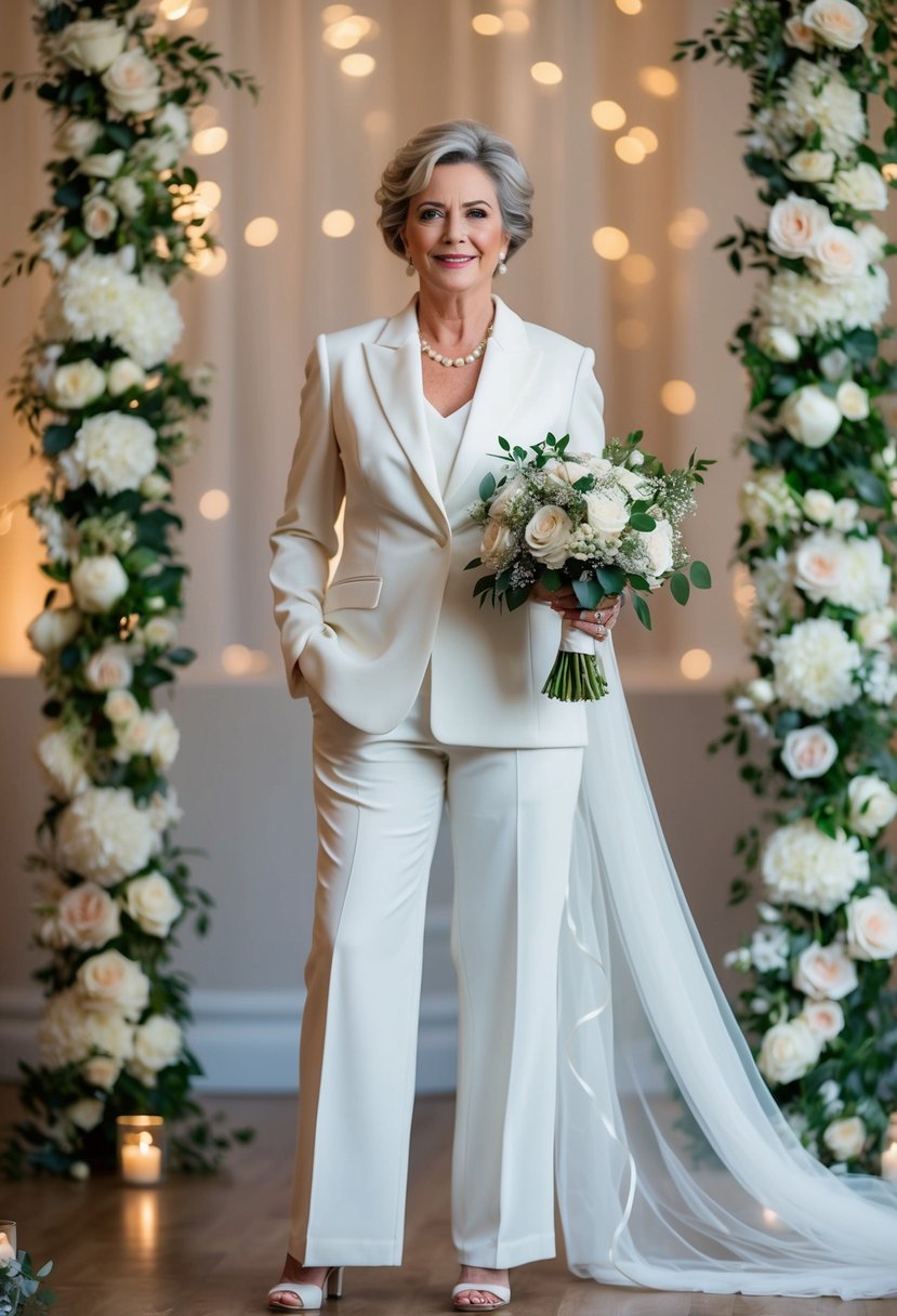 A 50-year-old bride in a chic trouser suit, standing confidently with a bouquet, surrounded by elegant wedding decorations