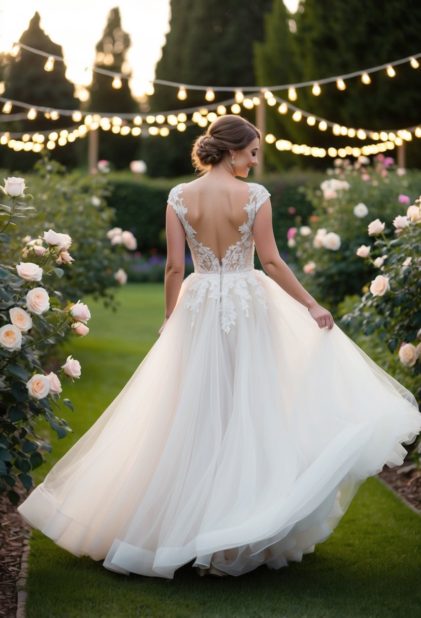 A bride twirls in a flowing tulle wedding dress, surrounded by a garden of blooming roses and twinkling fairy lights