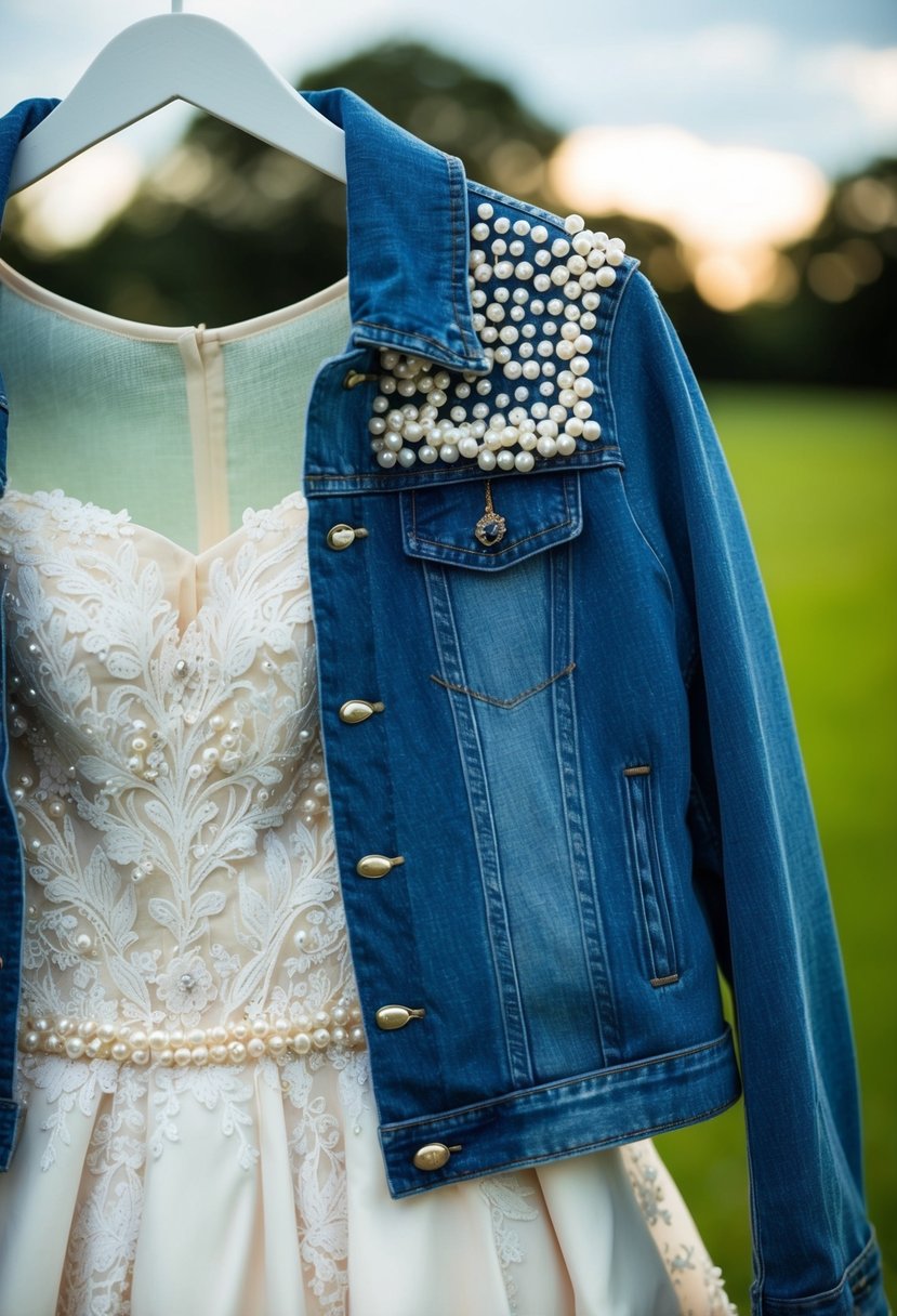 A denim jacket adorned with pearl embellishments, draped over a delicate lace wedding dress