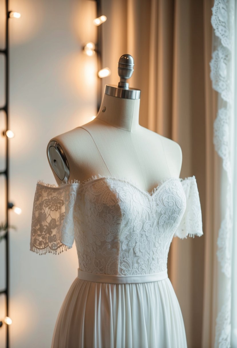 An elegant off-shoulder dress displayed on a mannequin, surrounded by soft lighting and delicate lace details