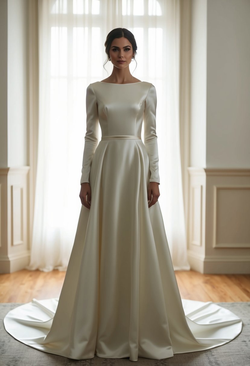 A bride stands in a softly lit room, wearing a flowing long-sleeve satin wedding gown with a simple, elegant silhouette