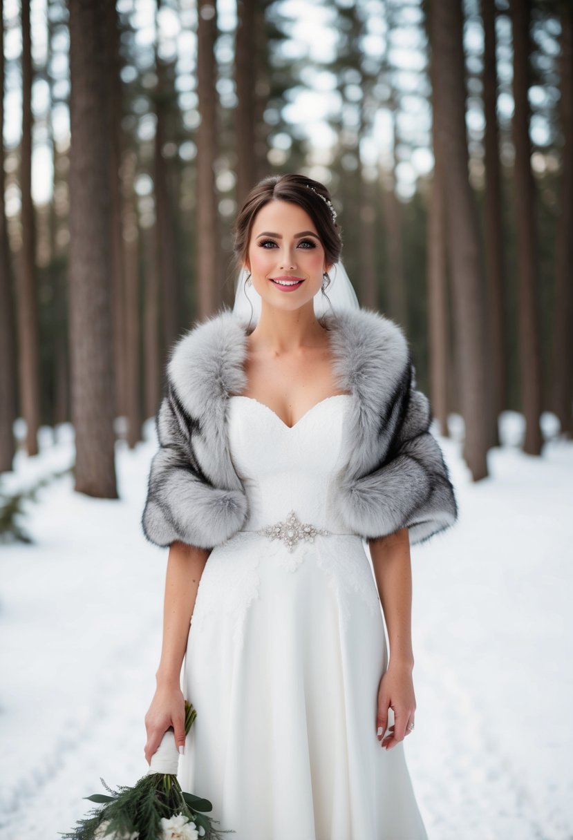 A bride wearing a white wedding dress with a faux fur shawl draped over her shoulders, standing in a winter forest