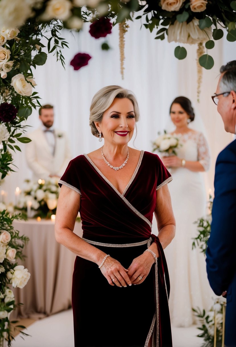 A 50-year-old bride in a luxurious velvet wrap dress, surrounded by elegant wedding decor and flowers