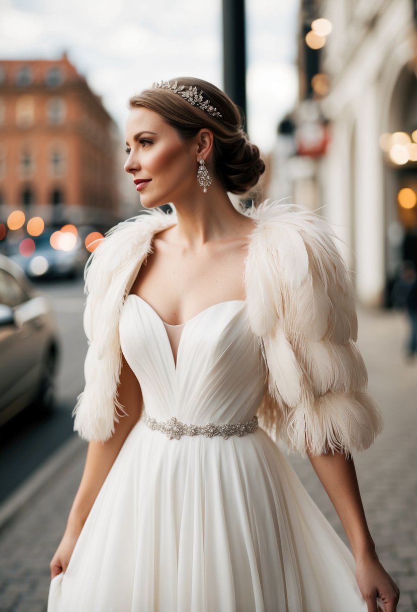 A delicate feather bridal bolero jacket draped over a flowing wedding dress