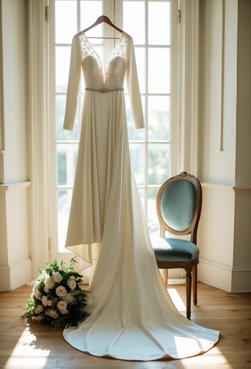 A long sleeve wedding dress made of luxurious velvet, draped over a vintage wooden chair in a sunlit room with soft, romantic decor