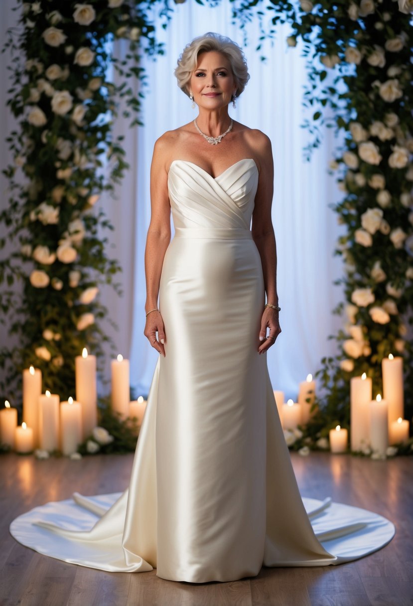 A 50-year-old bride stands in a floor-length satin gown, surrounded by cascading flowers and soft candlelight, exuding elegance and grace