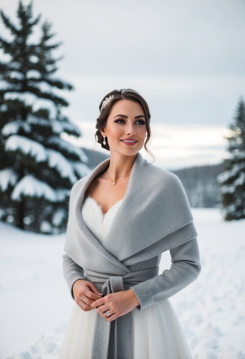 A bride wearing a cashmere wrap jacket over her wedding dress, standing in a wintry landscape with snow-covered trees in the background