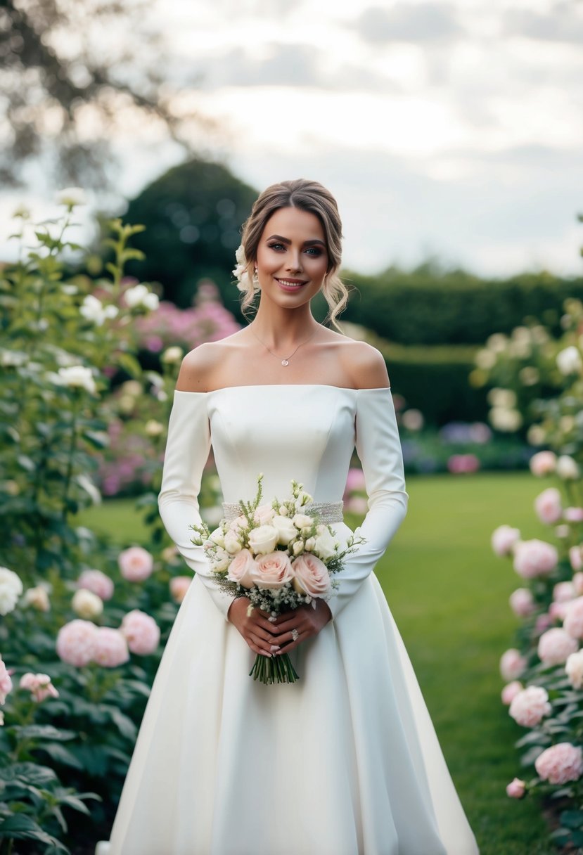 A bride standing in a garden, wearing an off-shoulder wedding dress with long sleeves, surrounded by blooming flowers and a soft, romantic atmosphere