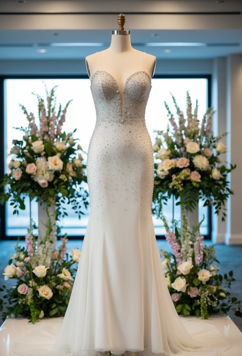 A beaded mermaid dress displayed on a mannequin, surrounded by elegant bridal accessories and floral arrangements