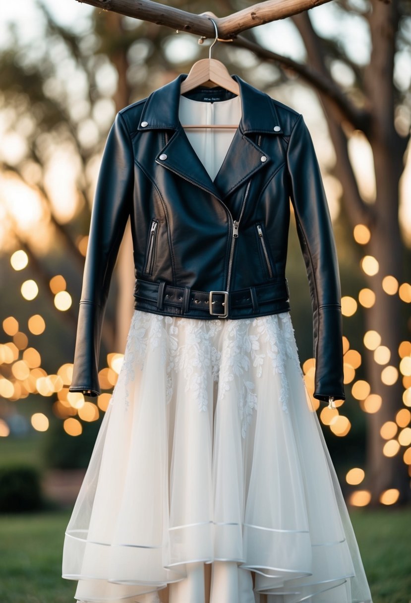 A custom leather bride jacket draped over a flowing wedding dress on a hanger