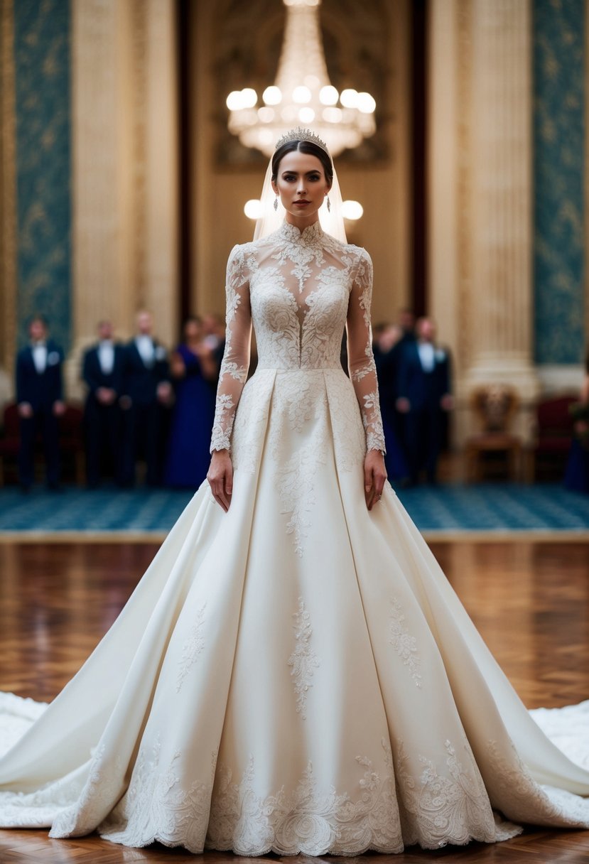 A bride stands in a grand ballroom, wearing a regal high-neck, long-sleeved wedding dress. The dress exudes drama and elegance, with intricate lace detailing and a flowing train