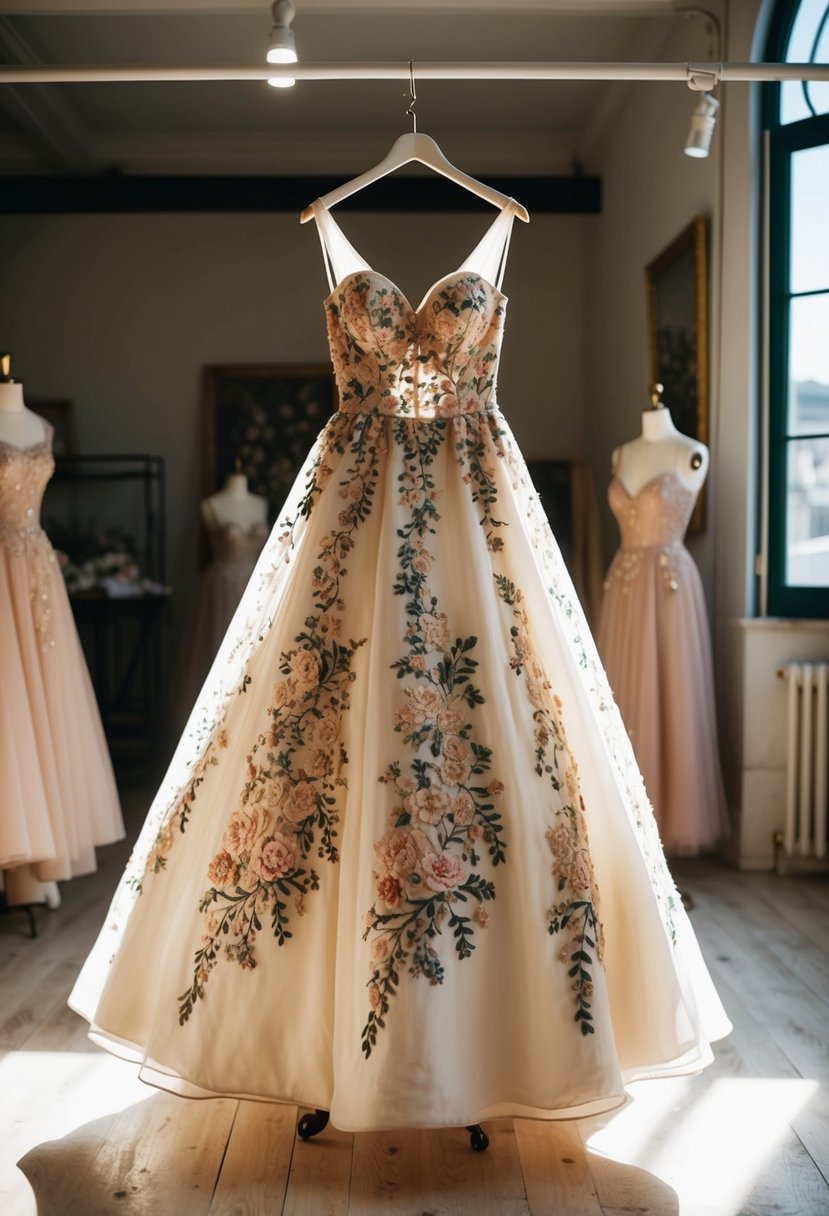 A flowing floral embroidered gown hangs on a vintage dress form in a sunlit atelier