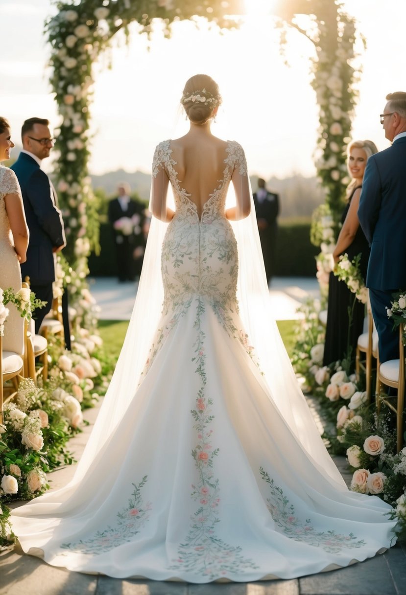 A flowing, floor-length wedding dress adorned with intricate floral embroidery cascades down a sunlit aisle