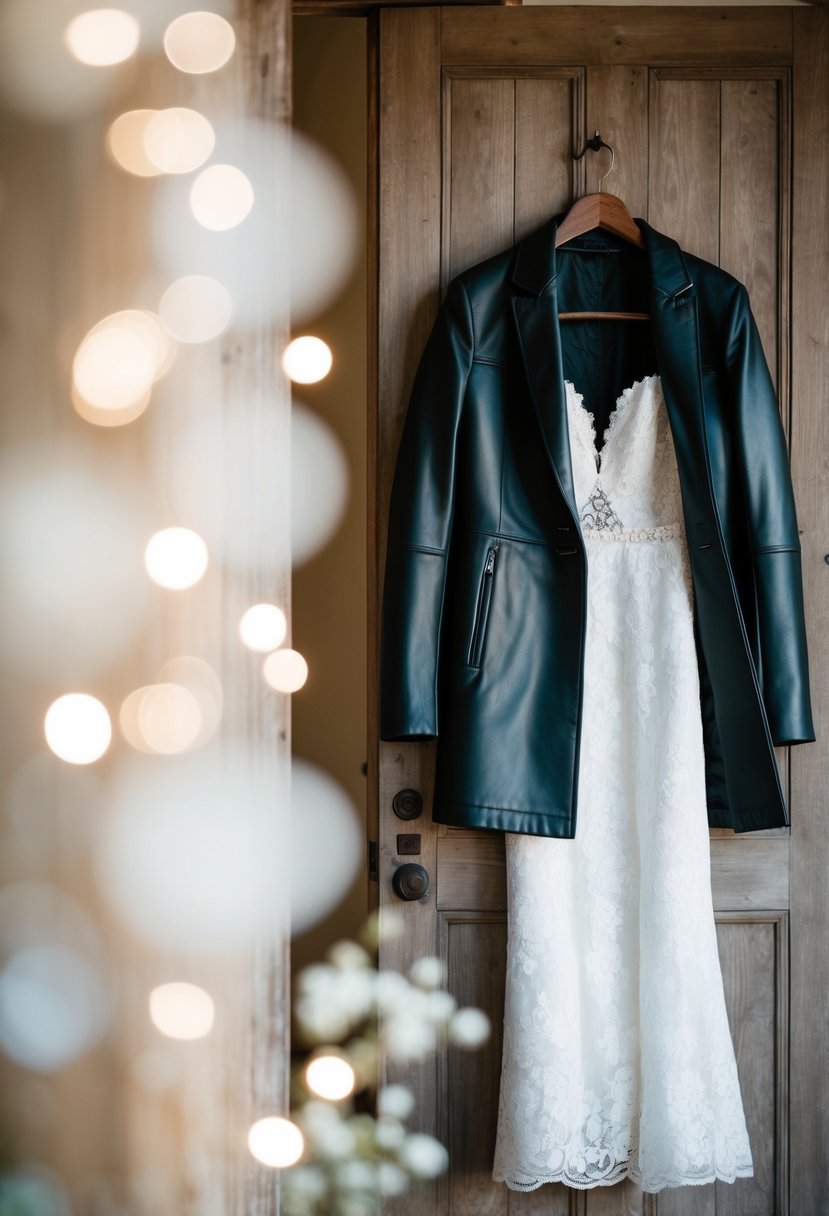 A sleek leather wedding coat hangs on a rustic wooden door, contrasting with delicate lace wedding dress ideas