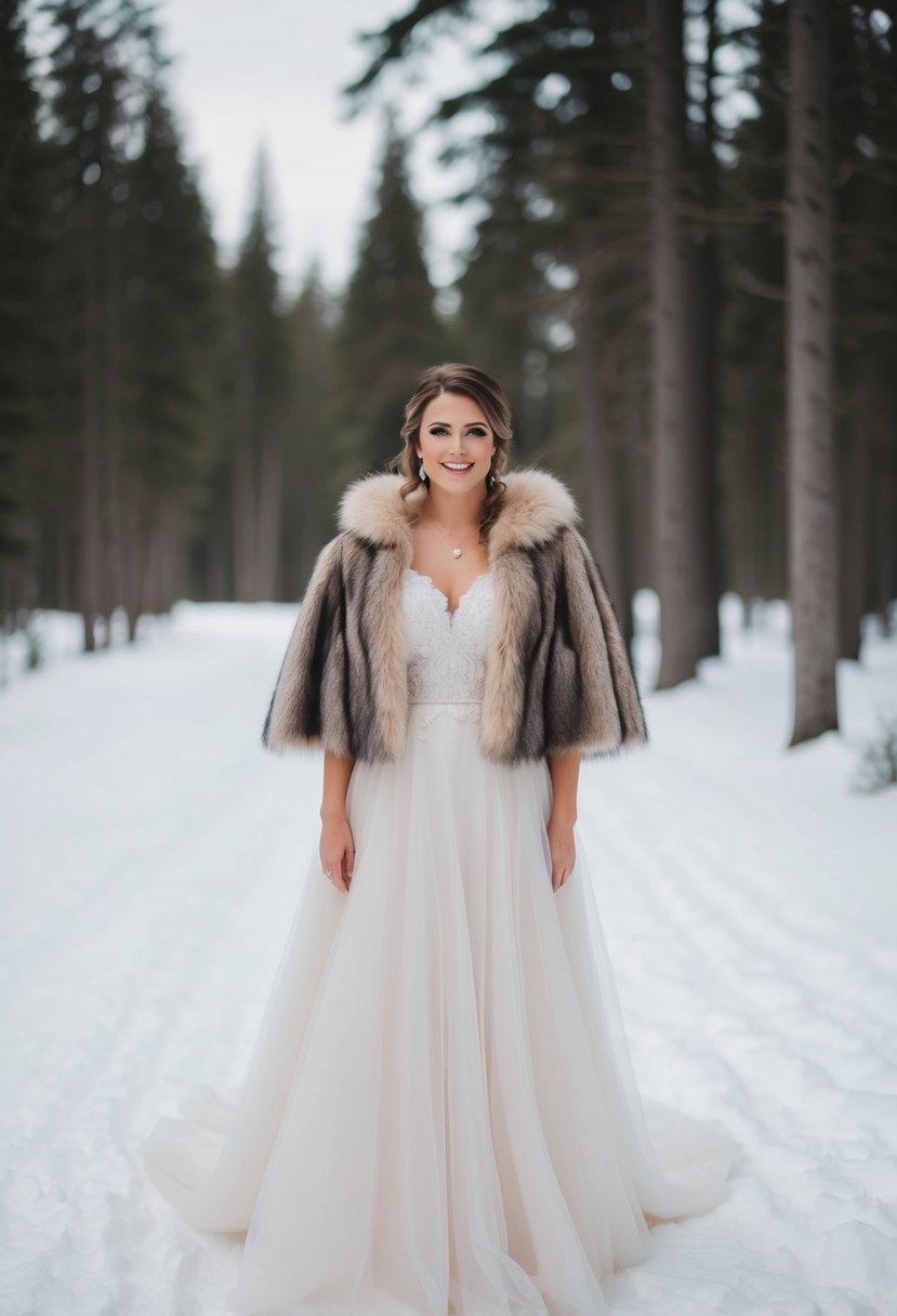 A bride in a flowing wedding dress wears a faux fur cape jacket, standing in a snowy forest clearing