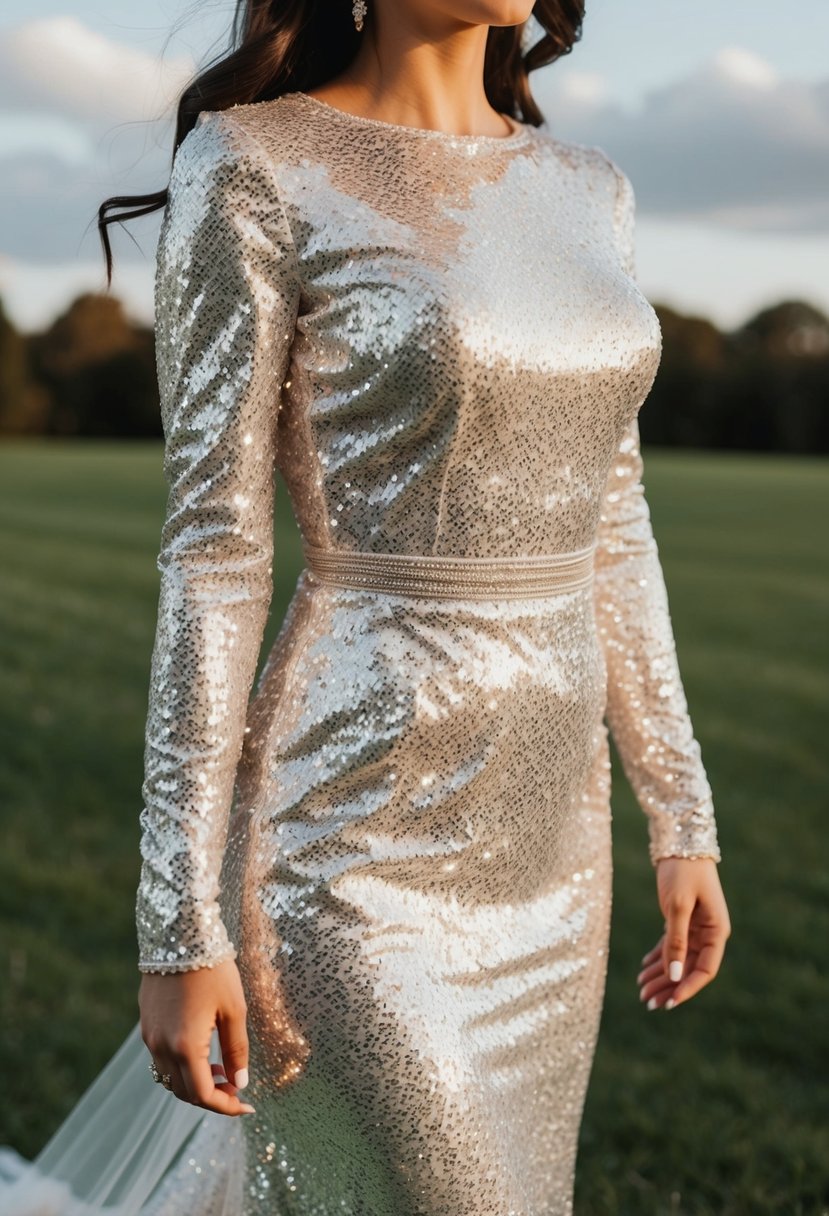 A shimmering sequin wedding dress catches the light, with long sleeves and a glamorous sparkle