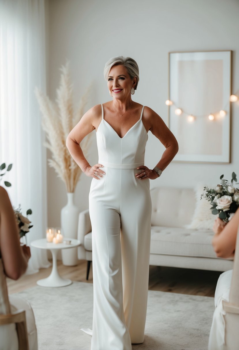 A 50-year-old bride in a modern jumpsuit, surrounded by minimalist decor and soft lighting, exuding confidence and elegance on her wedding day