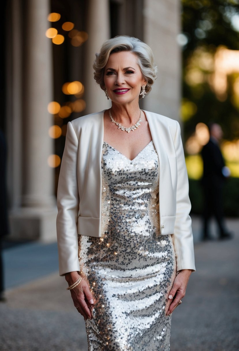 A 50-year-old bride stands in a shimmering sequin midi dress, paired with a matching jacket, creating a glamorous and sophisticated wedding ensemble