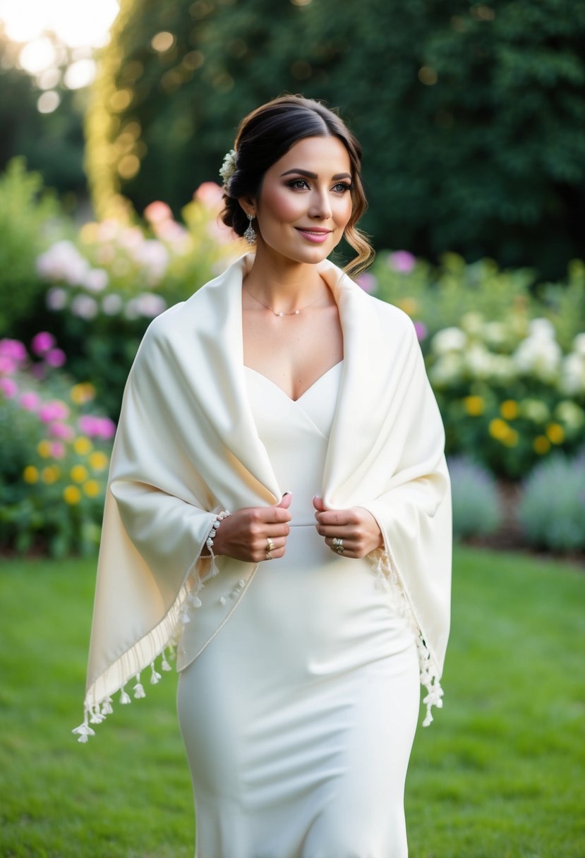 A bride wearing a pashmina wrap jacket over her wedding dress, standing in a garden with flowers and greenery in the background