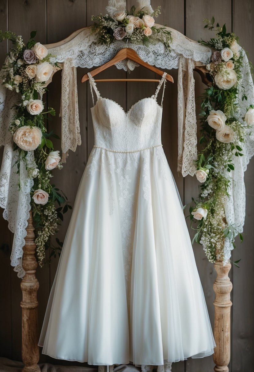 A vintage-inspired wedding dress hanging on a rustic wooden hanger, surrounded by antique lace and floral accents