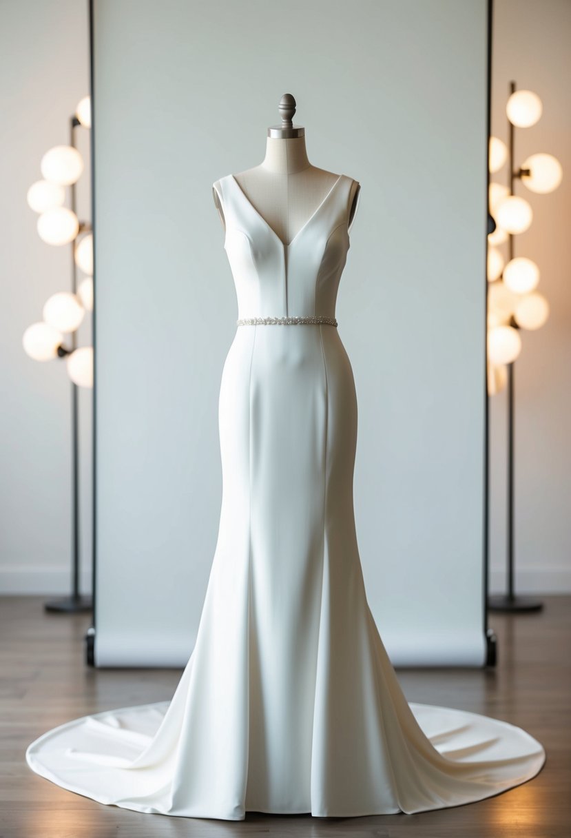 A sleek, modern wedding dress with clean lines and subtle details, set against a backdrop of minimalist decor and soft lighting