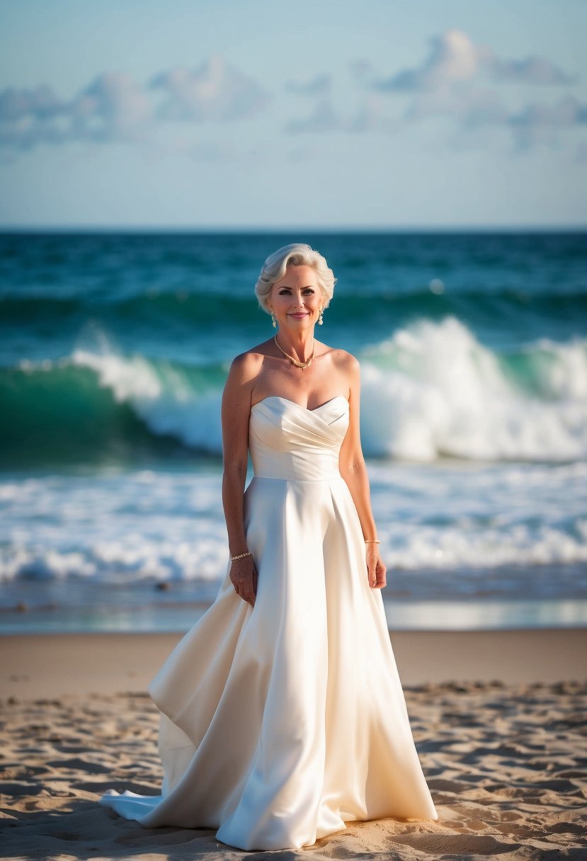 A 50-year-old bride stands on a sandy beach, wearing a flowing boat neck silk gown, with the ocean waves crashing in the background