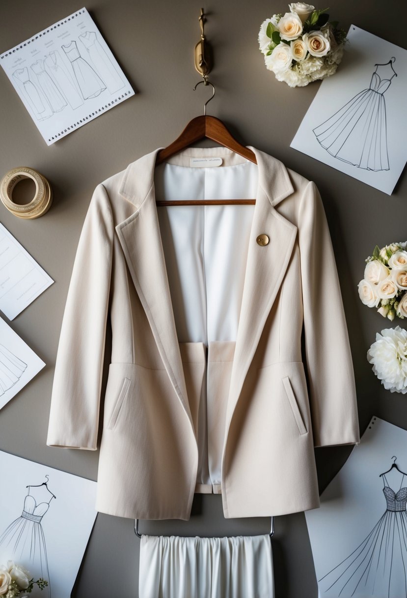 A duster jacket hangs on a vintage wooden hanger, surrounded by elegant wedding dress sketches and fabric swatches