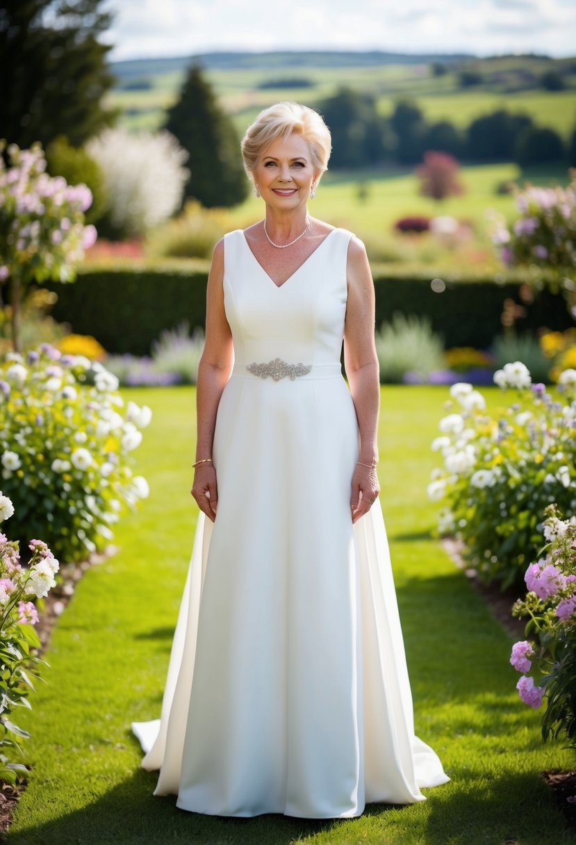 A 50-year-old bride in a full-length sleeveless dress, standing in a garden surrounded by blooming flowers and a picturesque landscape