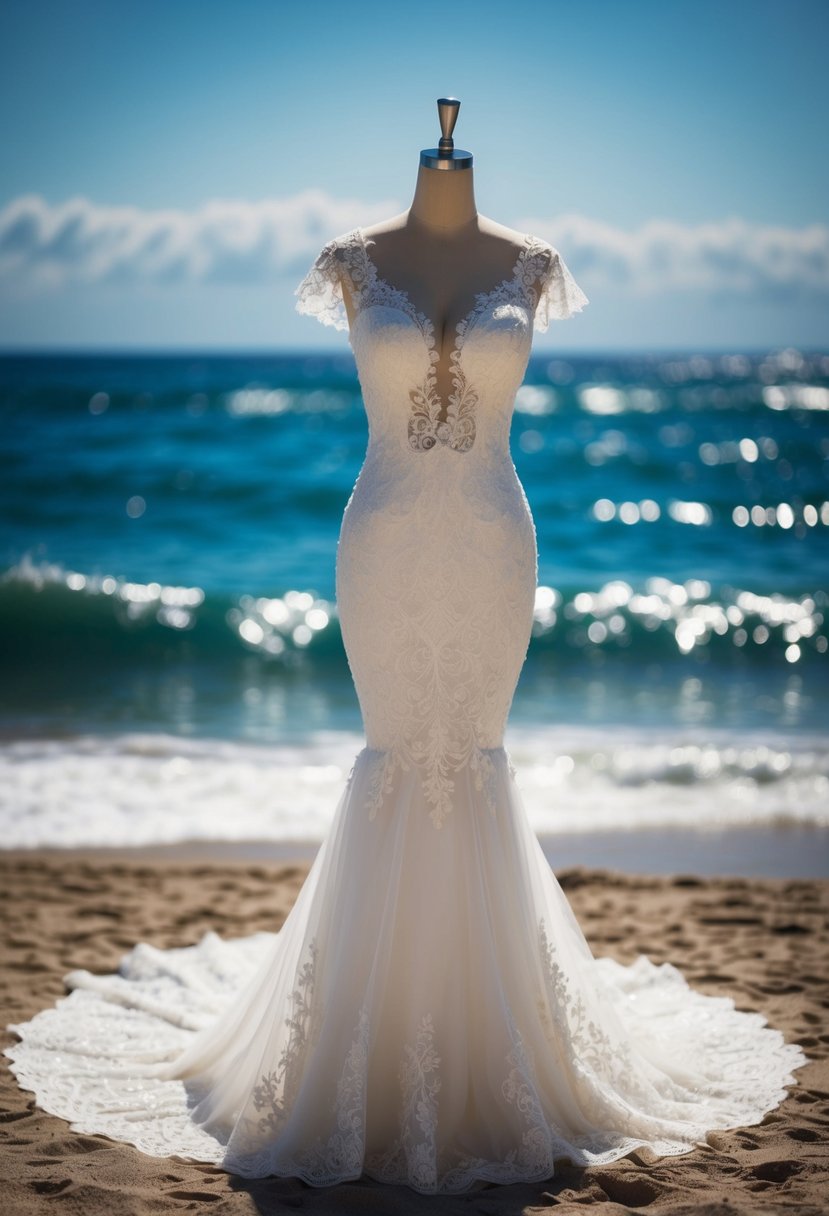 A mermaid-inspired wedding dress, with intricate lace details and a flowing train, set against a backdrop of shimmering ocean waves