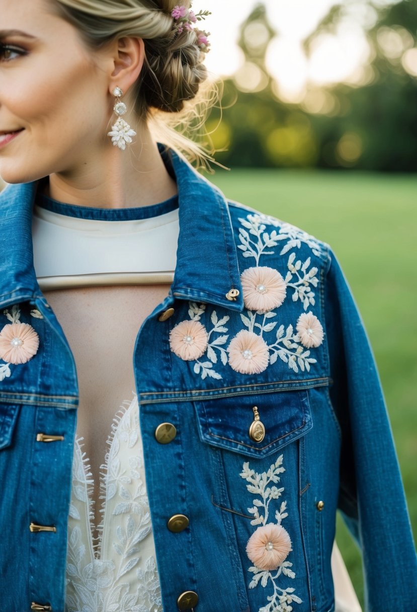 A denim jacket adorned with delicate lace and floral embroidery, draped over a bride's gown