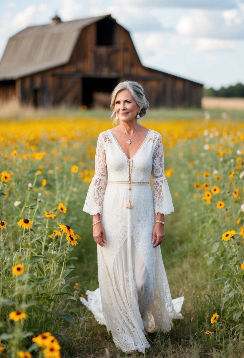 A 50-year-old bride wearing a bohemian lace dress, standing in a field of wildflowers with a rustic barn in the background