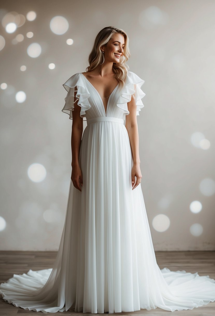 A flowing, floor-length wedding dress with delicate ruffle accents cascading down the sleeves, creating a playful and romantic vibe