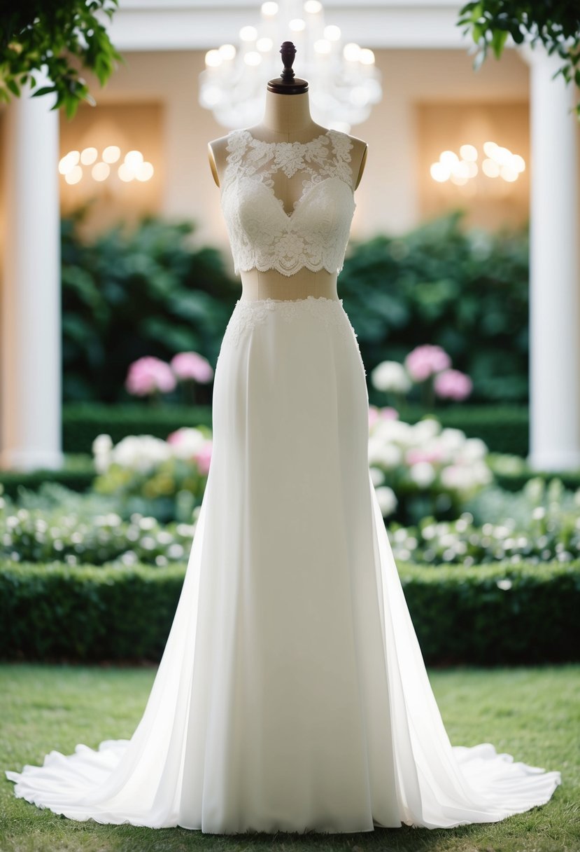 A flowing two-piece wedding dress with delicate lace details, set against a backdrop of a lush garden or elegant ballroom