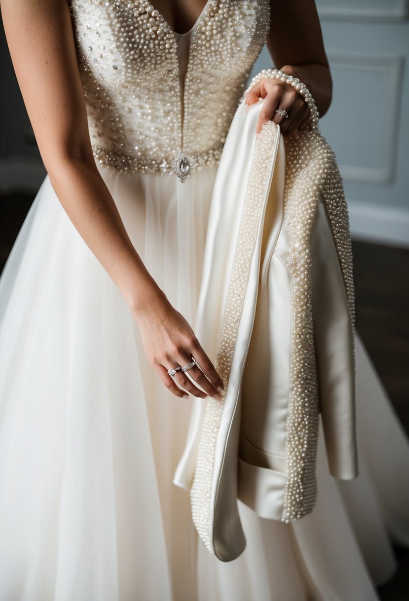 A bride's hand reaching for a pearl-embellished jacket draped over a flowing wedding dress