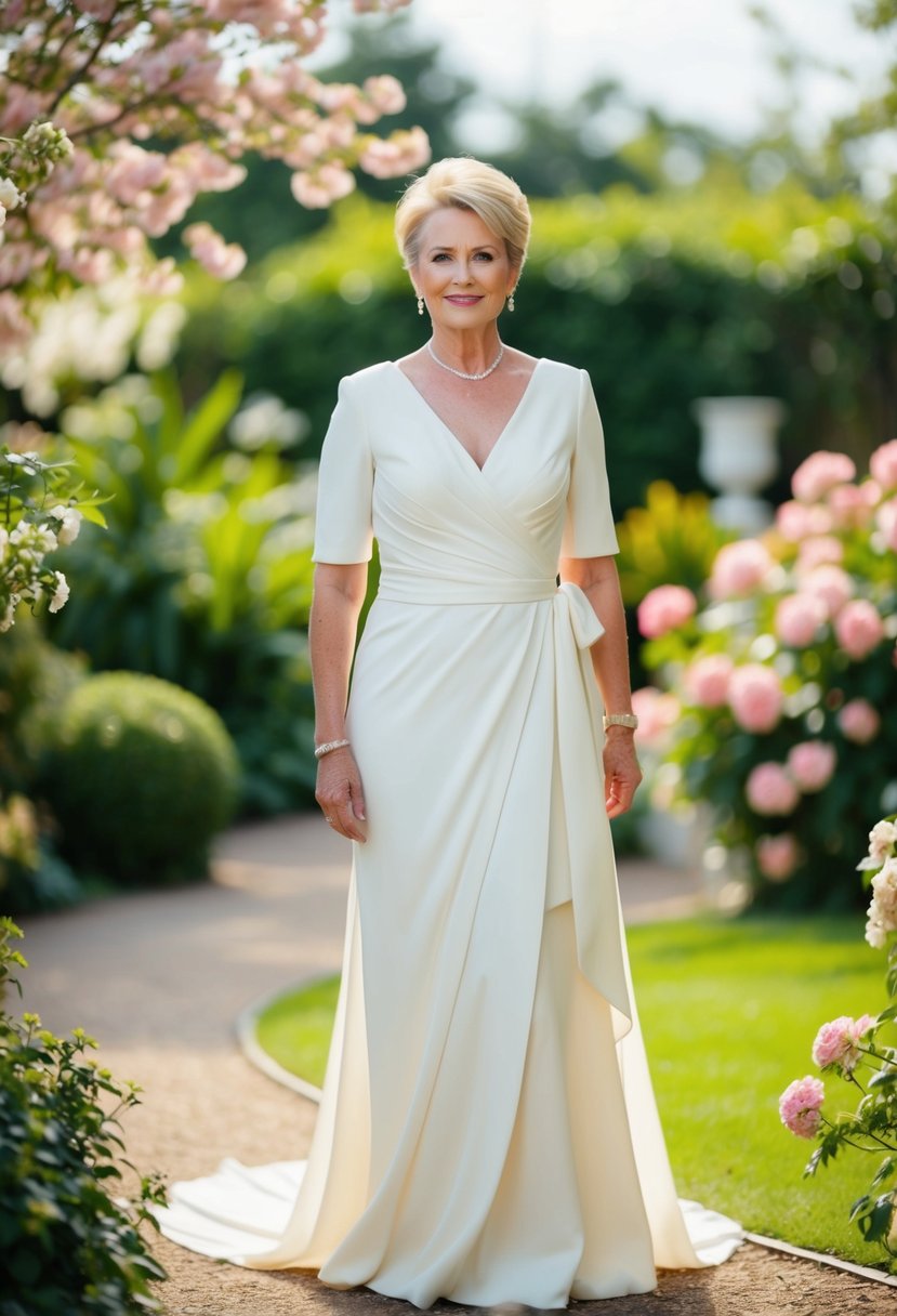 A 50-year-old bride in a sophisticated wrap dress, standing in a lush garden with blooming flowers and a soft, romantic atmosphere