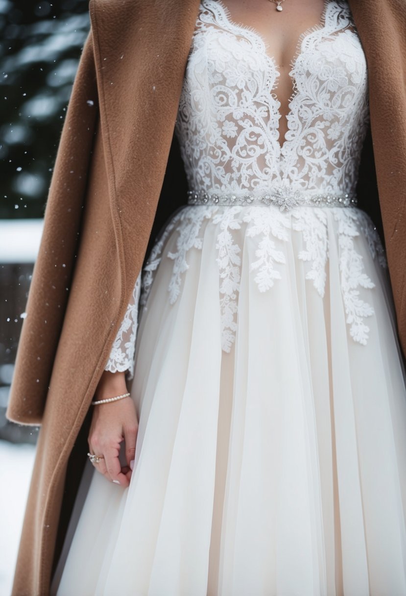 A wool coat draped over a delicate lace wedding dress, with snowflakes falling gently in the background