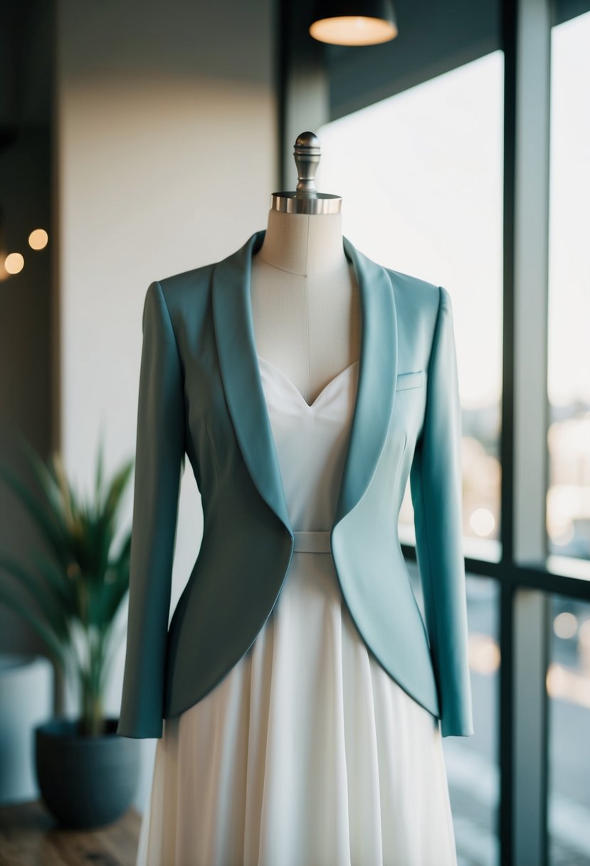 A sleek, modern bridal blazer jacket draped over a minimalist wedding dress on a mannequin