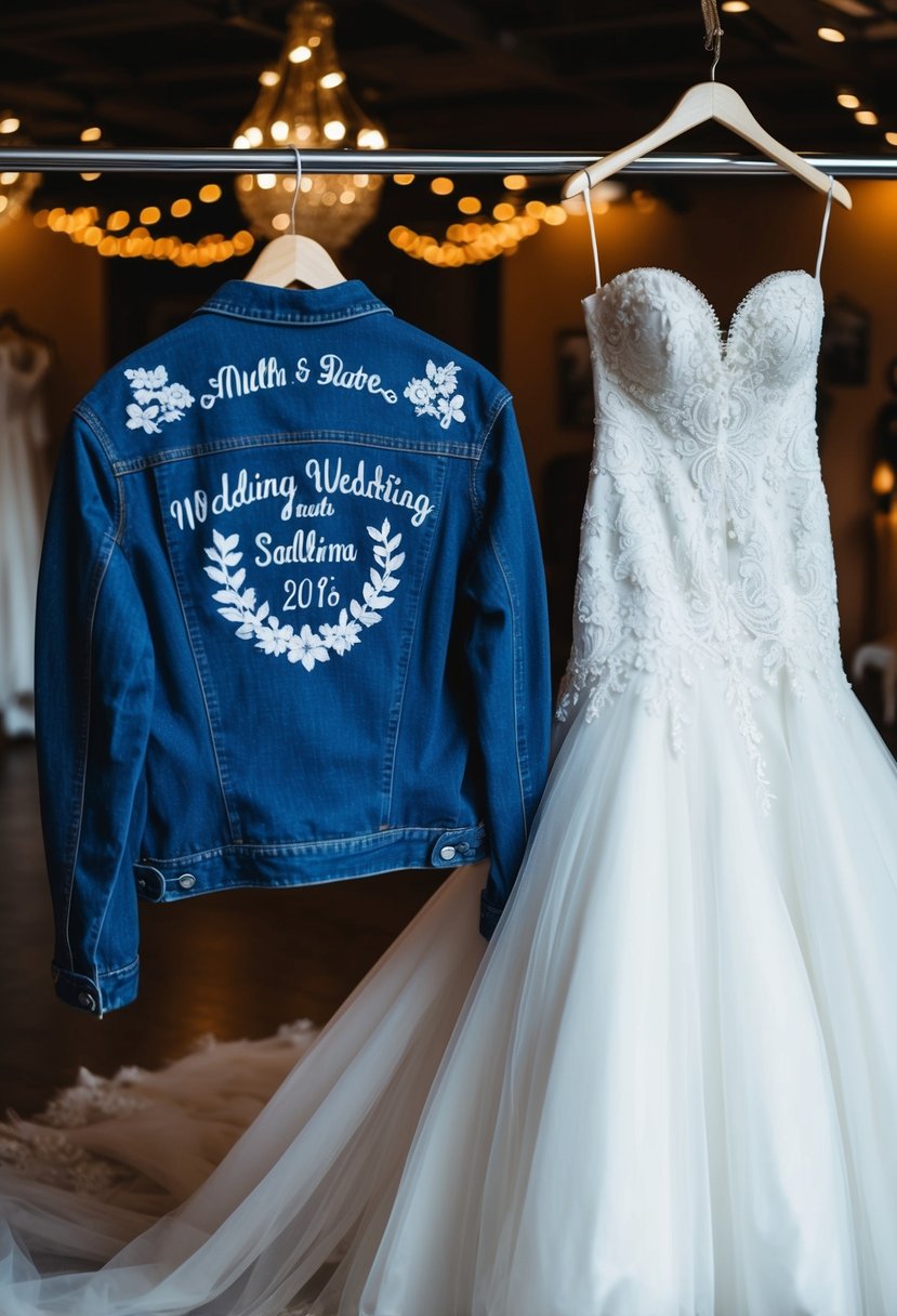 A denim jacket adorned with personalized wedding motifs, draped over a hanger next to a stunning bridal gown