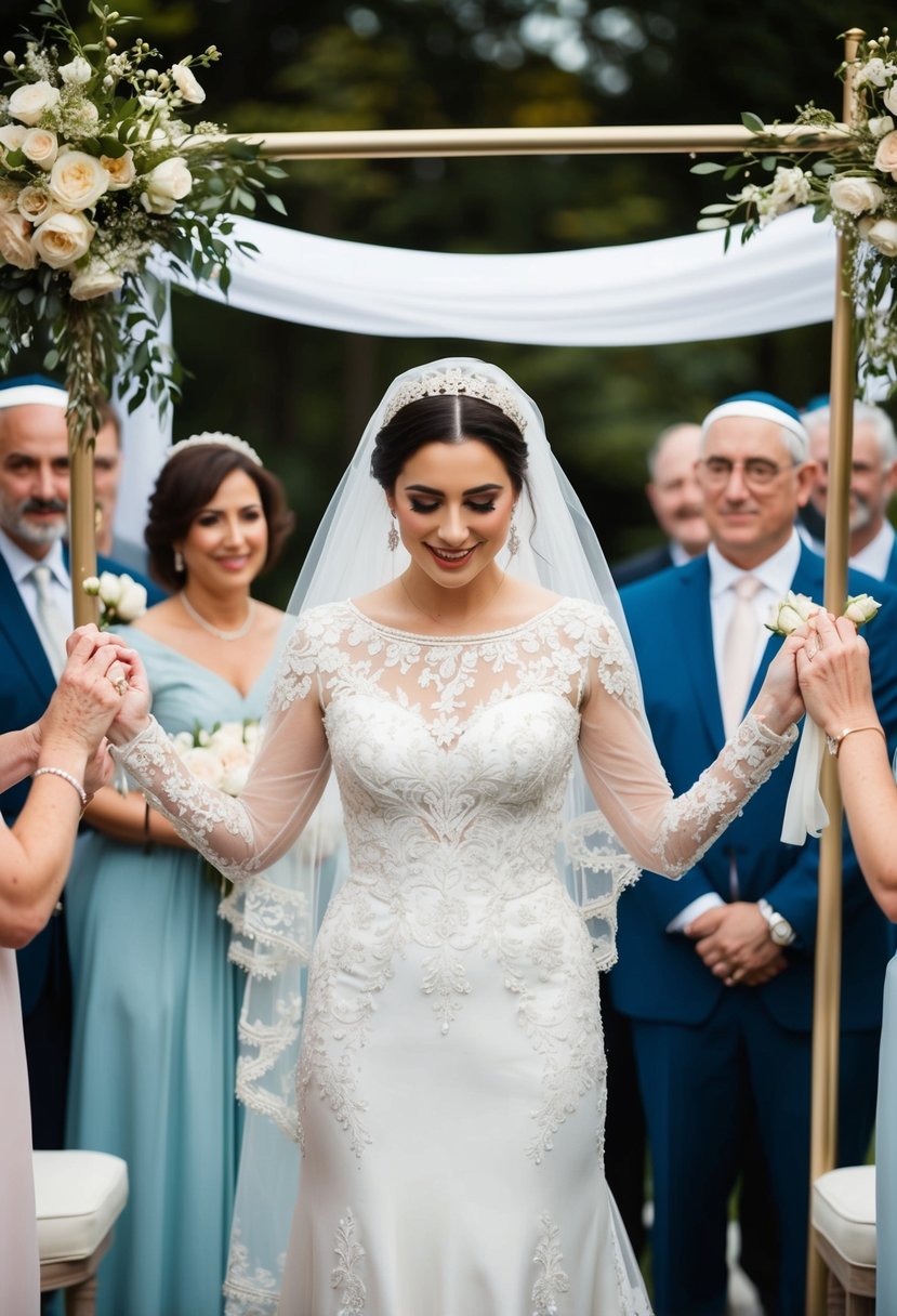 A bride in a traditional Jewish wedding dress, adorned with intricate lace and delicate embroidery, standing under a chuppah surrounded by family and friends