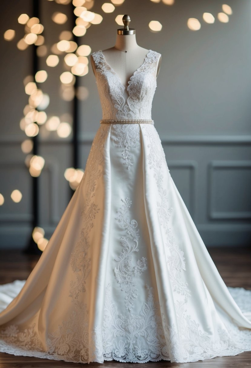 A lace and satin wedding dress with intricate floral patterns, a flowing train, and delicate beading