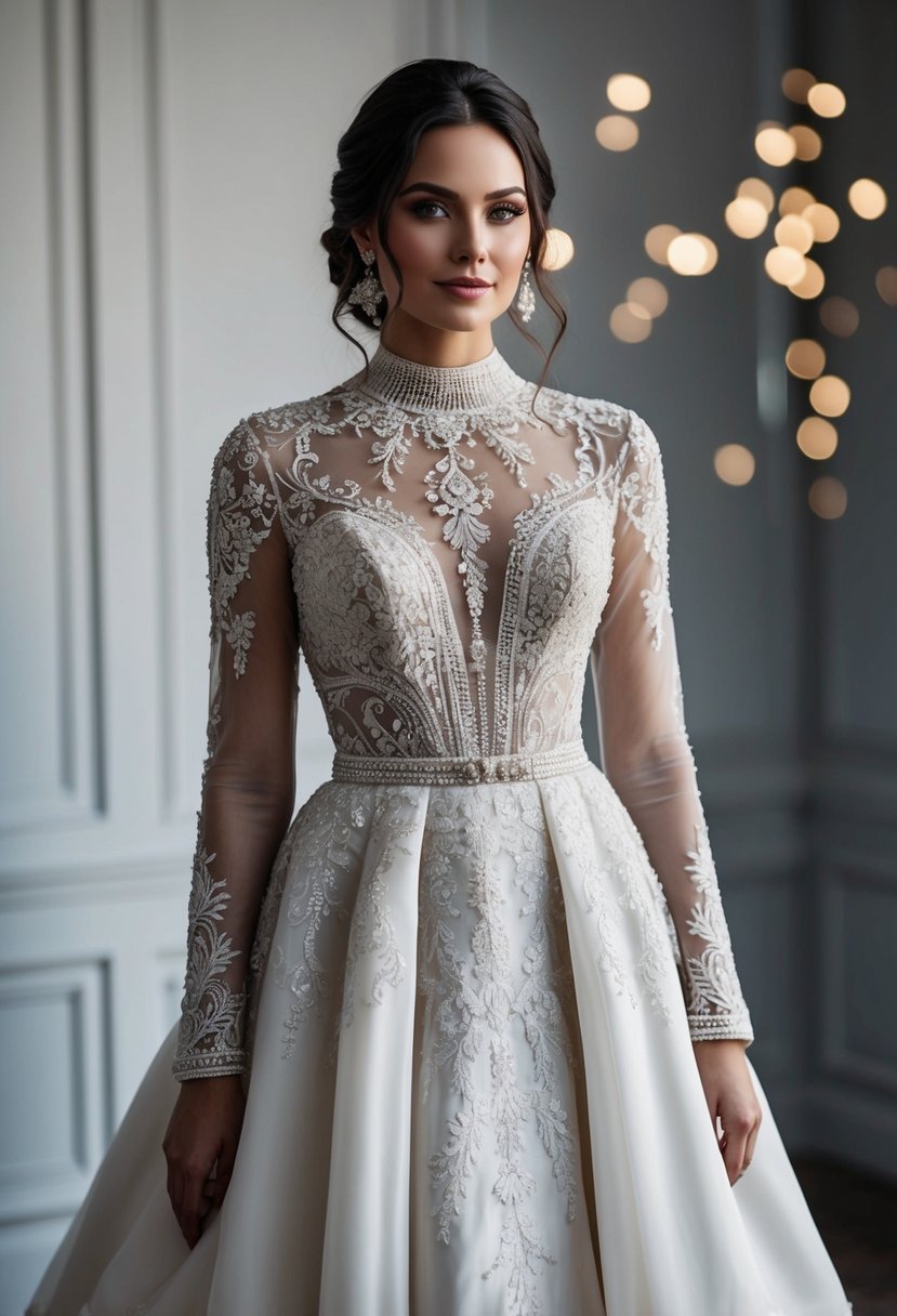 A bride in a long-sleeve gown with intricate lace details, a high neckline, and a flowing skirt, adorned with delicate embroidery and beading