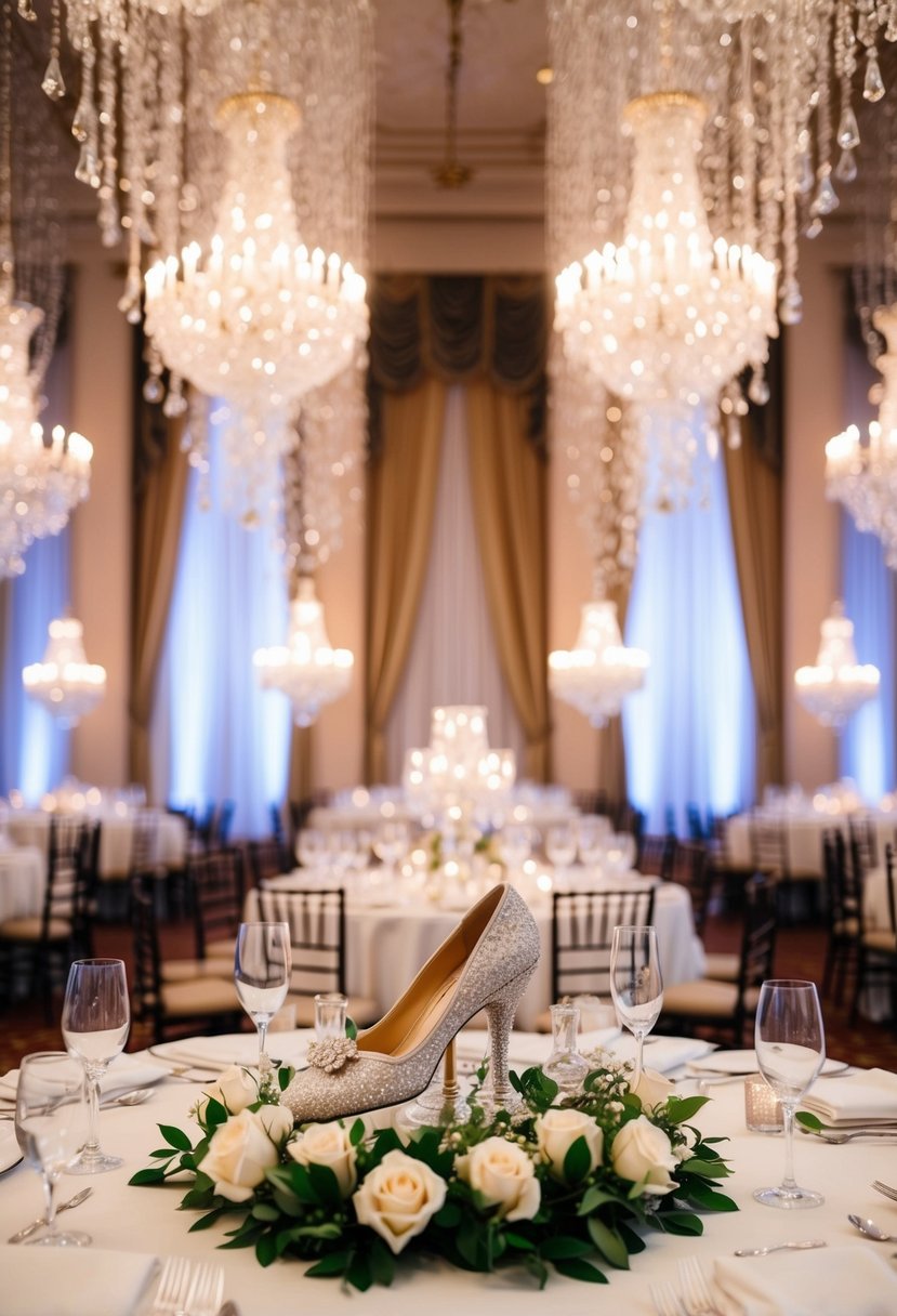 A grand ballroom with cascading chandeliers, opulent drapery, and a magnificent glass slipper centerpiece