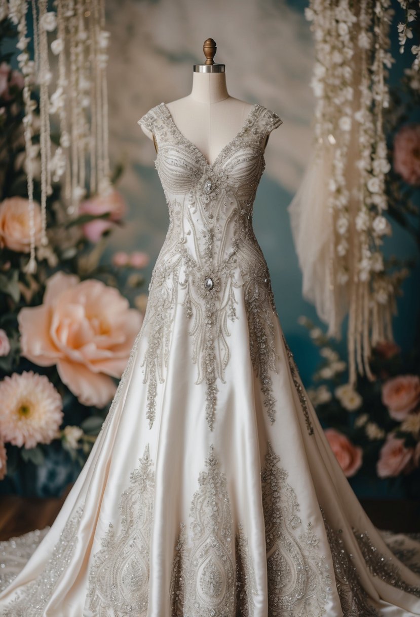 A vintage glam Jewish wedding dress with tinsel-embroidered silks, adorned with intricate lace and beading, set against a backdrop of ornate floral patterns and delicate drapery