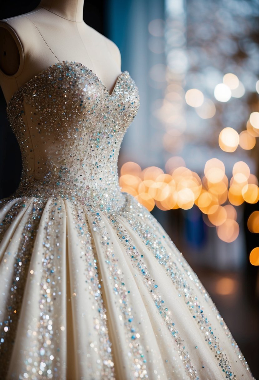 A shimmering ball gown adorned with sparkling beads and sequins, fit for a modern-day Cinderella at her fairytale wedding