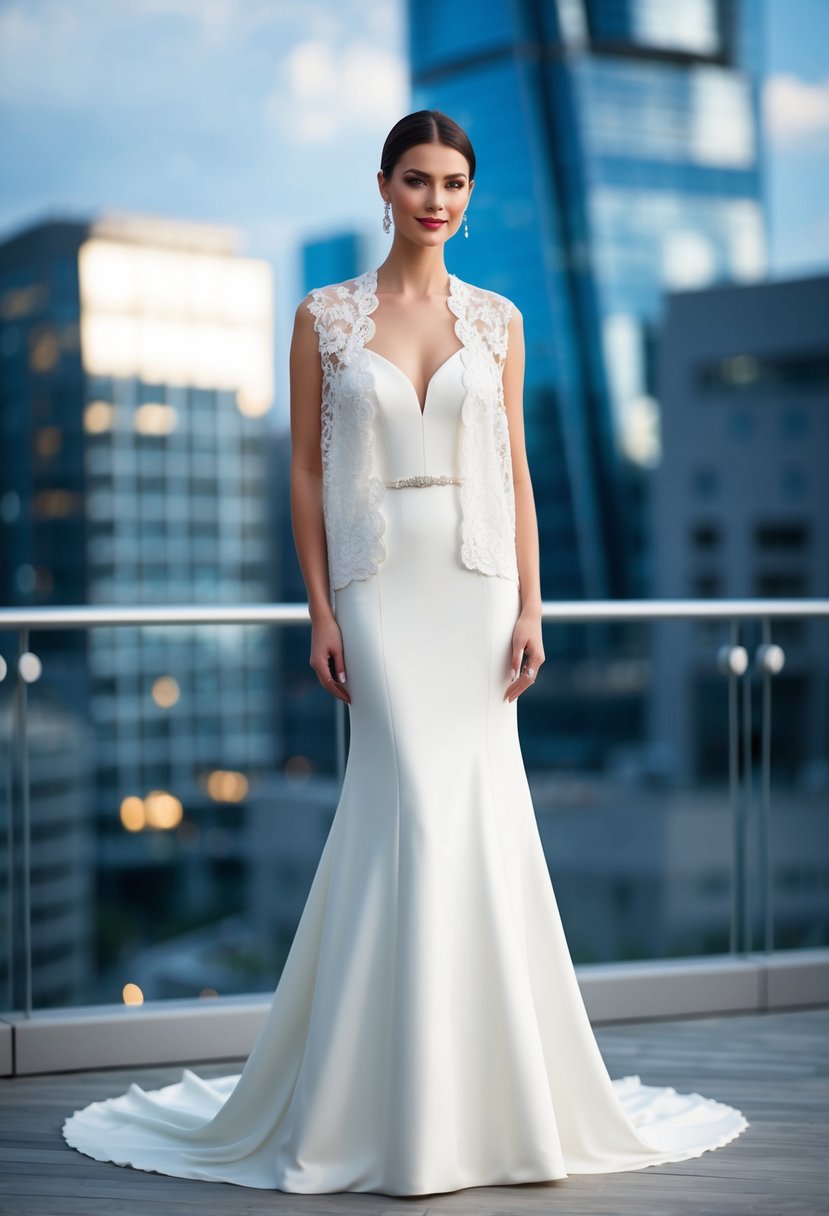 A sleek, sleeveless wedding gown with an elegant lace cover-up, set against a modern cityscape backdrop