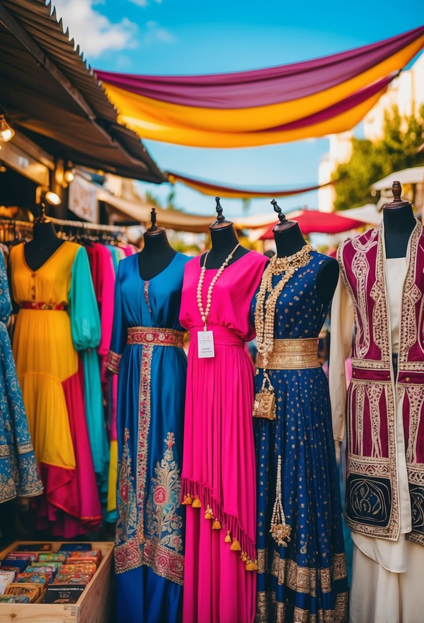 A vibrant marketplace with flowing bohemian dresses and traditional Jewish wedding attire on display